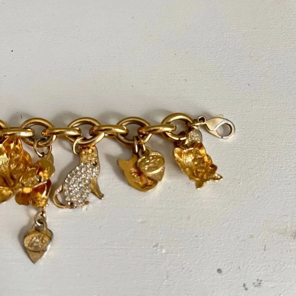 VTG Kirk’s Folly Gold Tone Cat Charm Bracelet Hearts Crystals 8” - Picture 9 of 14